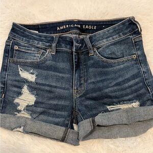 American Eagle Outfitters Dark Indigo Distressed Rolled Cuff Jean Shorts